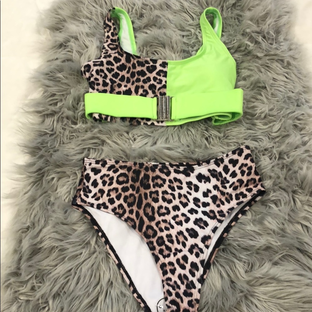 Neon green/ Cheetah high waisted bathing suit